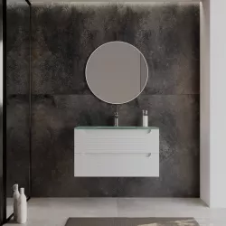 Mobile bagno sospeso 90 cm bianco opaco cannettato con cassetti e lavabo in vetro verde opaco - Deck