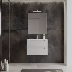 Mobile bagno sospeso 70 cm con cassetti bianco opaco cannettato con lavabo e specchio - Deck