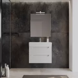 Mobile bagno sospeso 70 cm con cassetti  bianco opaco cannettato con lavabo integrato e specchio - Deck