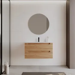 Mobile bagno sospeso 90 cm rovere gold cannettato con cassetti e lavabo con specchio - Deck