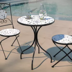 Tavolo rotondo 60 cm in metallo nero con top in ceramica decoro terrazzo mikonos - Otranto