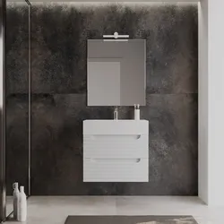 Mobile bagno sospeso 70 cm con cassetti bianco opaco cannettato e lavabo in resina con specchio - Deck