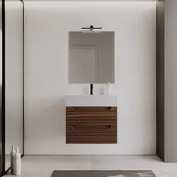 Mobile bagno sospeso 70 cm con cassetti rovere deciso cannettato e lavabo in resina con specchio - Deck