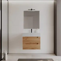 Mobile bagno sospeso 70 cm con cassetti rovere gold cannettato e lavabo in resina con specchio - Deck