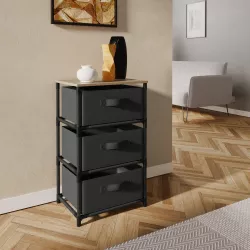 Cassettiera 40x68h cm top effetto rovere selvatico con 3 cassetti in tessuto e struttura in acciaio nero - Kales