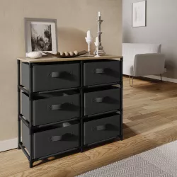 Cassettiera 76x68h cm top effetto rovere selvatico con 6 cassetti in tessuto e struttura in acciaio nero - Kales