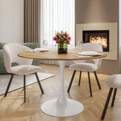 Tavolo da pranzo rotondo 120 cm con top rovere e base bianca - Tulipano