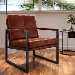 Poltrona in similpelle cognac con struttura in metallo nero - Dudley