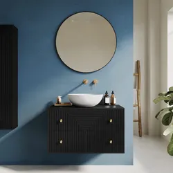 Mobile bagno portalavabo 90 cm 2 cassetti in legno di mango cannettato nero - Dunkel