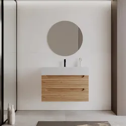 Mobile bagno sospeso 90 cm rovere gold cannettato con cassetti e lavabo in resina con specchio - Deck