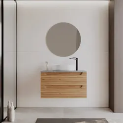 Mobile bagno sospeso 90 cm rovere gold cannettato con cassetti e  top grigio pietra con specchio - Deck