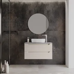 Mobile bagno sospeso 90 cm cashmere cannettato con cassetti e  top grigio pietra con specchio - Deck