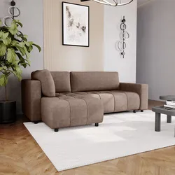 Divano letto 3 posti in tessuto ciniglia tortora scuro con chaise longue a sinistra - Wellington