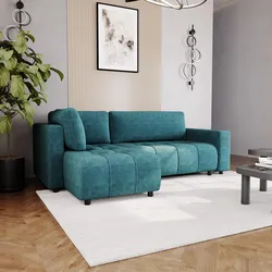 Divano letto 3 posti in tessuto ciniglia blu petrolio con chaise longue a sinistra - Wellington