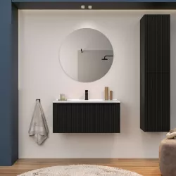 Mobile bagno sospeso 100 cm con cassetto nero opaco effetto cannettato e lavabo con specchio - Lameck