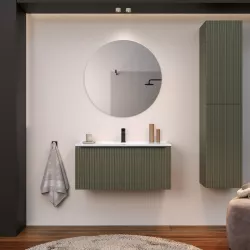 Mobile bagno sospeso 100 cm con cassetto verde selva effetto cannettato e lavabo con specchio - Lameck