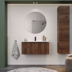 Mobile bagno sospeso 100 cm con cassetto noce maya effetto cannettato e lavabo con specchio - Lameck