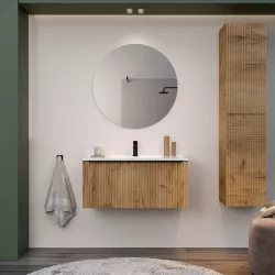 Mobile bagno sospeso 100 cm con cassetto rovere africa effetto cannettato e lavabo con specchio - Lameck