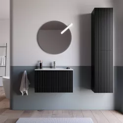 Mobile bagno sospeso 60 cm nero opaco effetto cannettato con lavabo in ceramica e specchio - Lameck