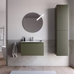 Mobile bagno sospeso 60 cm verde selva effetto cannettato con lavabo in ceramica e specchio - Lameck