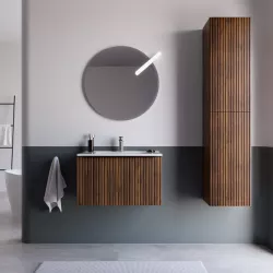 Mobile bagno sospeso 60 cm noce maya effetto cannettato con lavabo in ceramica e specchio - Lameck