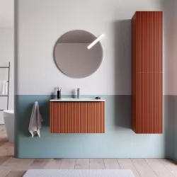 Mobile bagno sospeso 60 cm terrarossa effetto cannettato e lavabo in ceramica con specchio - Lameck