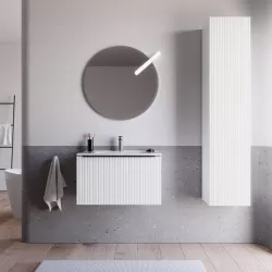 Mobile bagno sospeso 60 cm bianco opaco effetto cannettato con lavabo in ceramica e specchio - Lameck