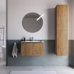 Mobile bagno sospeso 80 cm rovere africa effetto cannettato con lavabo in ceramica e specchio - Lameck