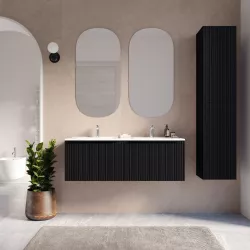 Mobile bagno sospeso 120 cm nero opaco effetto cannettato con lavabo in ceramica e specchio - Lameck