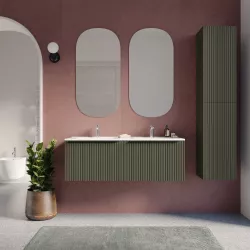 Mobile bagno sospeso 120 cm verde selva effetto cannettato con lavabo in ceramica e specchio - Lameck