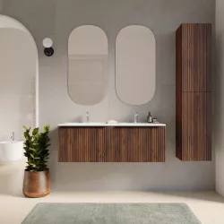 Mobile bagno sospeso 120 cm noce maya effetto cannettato con lavabo in ceramica e specchio - Lameck