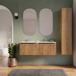 Mobile bagno sospeso 120 cm rovere africa effetto cannettato con lavabo in ceramica e specchio - Lameck