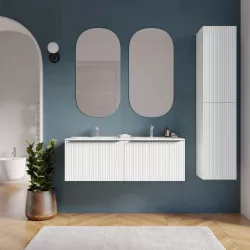 Mobile bagno sospeso 120 cm bianco opaco effetto cannettato con lavabo in ceramica e specchio - Lameck