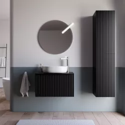 Mobile bagno sospeso 60 cm nero opaco effetto cannettato con top e specchio - Lameck