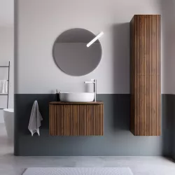 Mobile bagno sospeso 60 cm noce maya effetto cannettato con top e specchio - Lameck