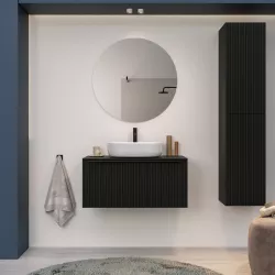 Mobile bagno sospeso 90 cm nero opaco effetto cannettato con top e specchio - Lameck