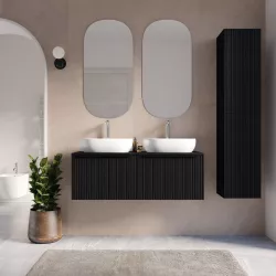 Mobile bagno sospeso 120 cm nero opaco effetto cannettato con top e specchio - Lameck