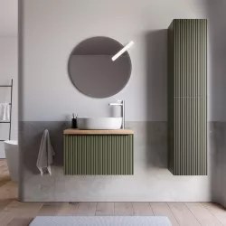 Mobile bagno sospeso 60 cm verde selva effetto cannettato con top rovere gold e specchio - Lameck