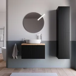 Mobile bagno sospeso 70 cm nero opaco effetto cannettato con top rovere gold e specchio - Lameck