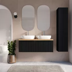 Mobile bagno sospeso 120 cm nero opaco effetto cannettato con top rovere gold e specchio - Lameck