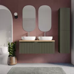 Mobile bagno sospeso 120 cm verde selva effetto cannettato con top rovere gold con specchio - Lameck