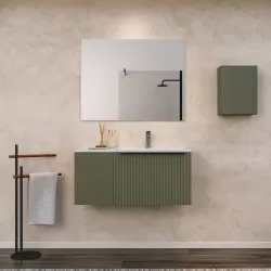 Mobile bagno sospeso 90 cm verde selva effetto cannettato con anta e lavabo in ceramica dx con specchio - Lameck