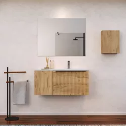 Mobile bagno sospeso 90 cm rovere africa effetto cannettato con anta e lavabo in ceramica dx con specchio - Lameck