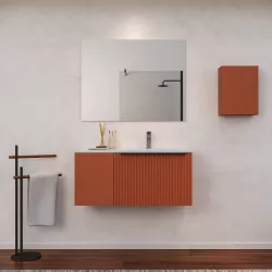 Mobile bagno sospeso 90 cm terrarossa effetto cannettato con anta e lavabo in ceramica dx con specchio - Lameck