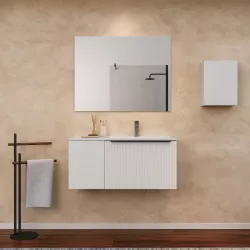 Mobile bagno sospeso 90 cm bianco opaco effetto cannettato con anta e lavabo in ceramica dx con specchio - Lameck