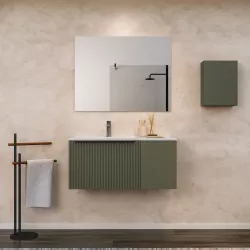 Mobile bagno sospeso 90 cm verde selva effetto cannettato con anta e lavabo in ceramica sx con specchio - Lameck