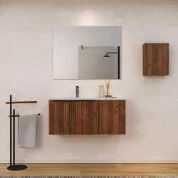 Mobile bagno sospeso 90 cm noce maya effetto cannettato con anta e lavabo in ceramica sx - Lameck