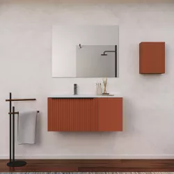 Mobile bagno sospeso 100 cm terrarossa effetto cannettato con anta e lavabo in ceramica sx con specchio - Lameck