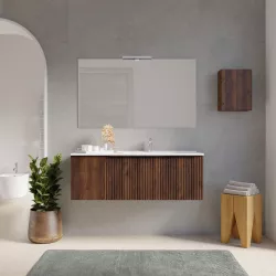 Mobile bagno sospeso 120 cm noce maya effetto cannettato con anta e lavabo dx con specchio - Lameck