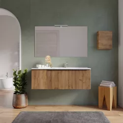 Mobile bagno sospeso 120 cm rovere africa effetto cannettato con anta e lavabo dx con specchio - Lameck